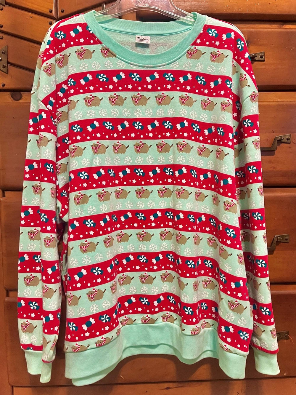 Pusheen Ugly Christmas Sweater, Red & Mint Stripes, Holiday Dress Sweatshirt 3XL
